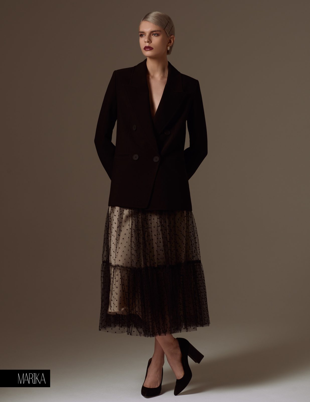 Black jacket and polka-dot tulle skirt