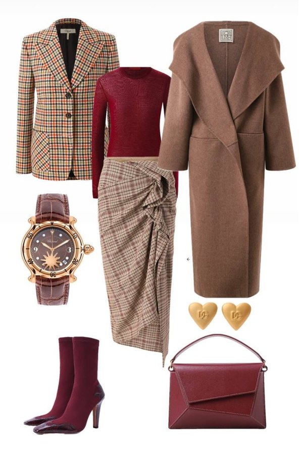 Look 01: check and burgundy