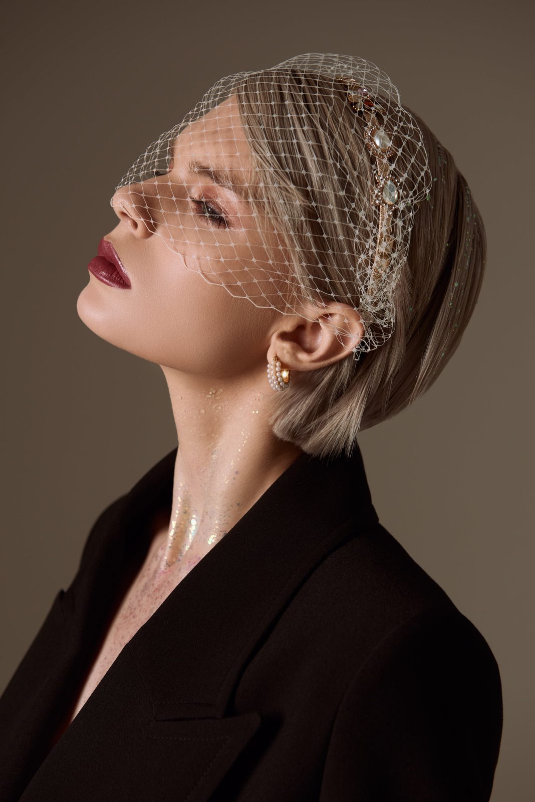 Profile with birdcage veil, berry lips and shimmer on the neck